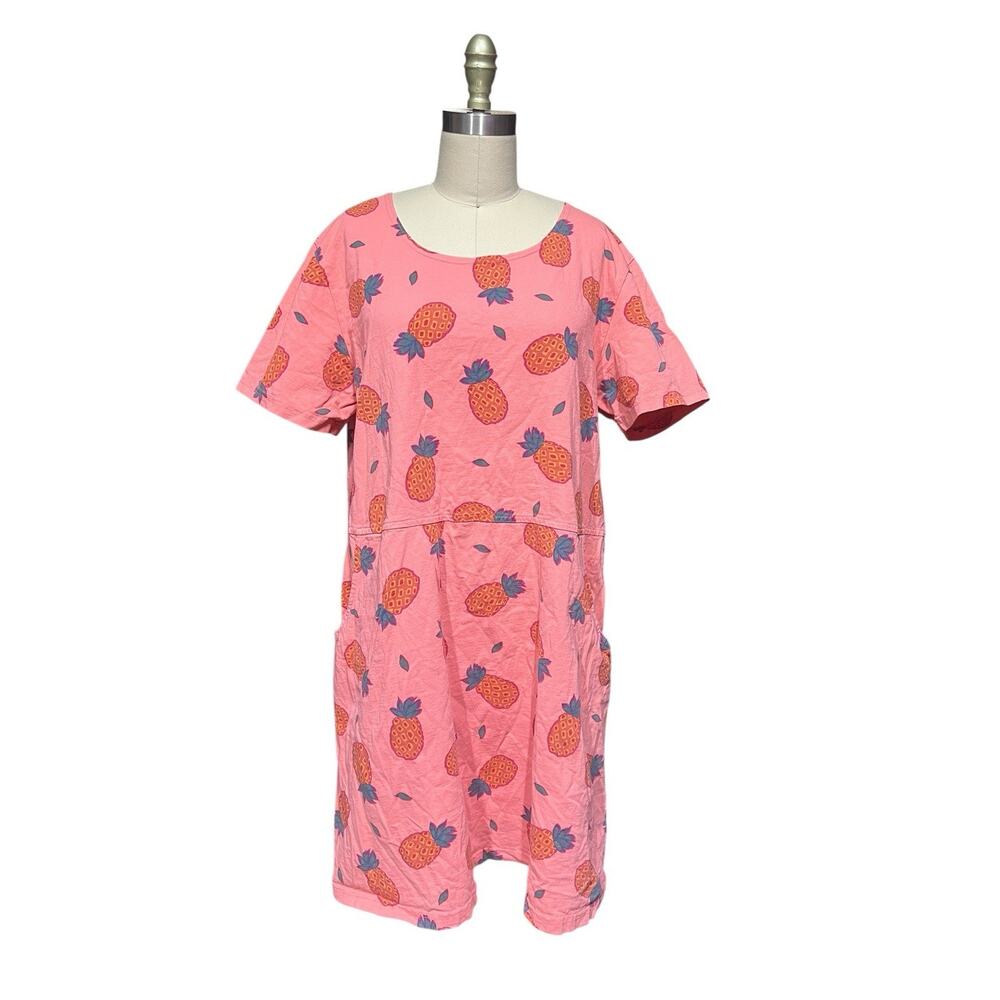 VTG 90s Pink Pineapple Babydoll T Shirt Dress Knee Length Cotton Pockets XL